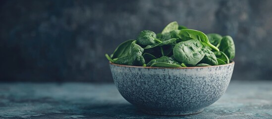 Fresh spinach in a bowl filtered image. with copy space image. Place for adding text or design