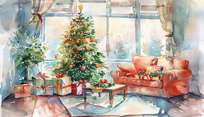 Wall Mural - A Christmas tree with many red and green ornaments