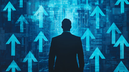 Poster - A business professional stands confidently against backdrop of upward arrows, symbolizing growth and success in digital world.