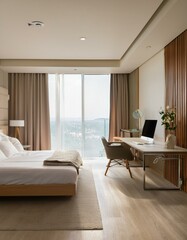 Wall Mural - Light hotel bedroom interior with sleep and work zone, panoramic window
