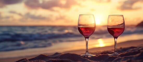 Poster - Wine glasses at sunset on a beach Selective focus Nature. with copy space image. Place for adding text or design