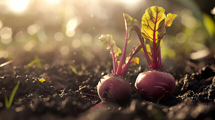 Two beets growing out of the ground