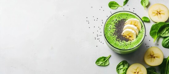 Poster - Green smoothie featuring baby spinach apple banana and barley grass finished with chia seeds on top. with copy space image. Place for adding text or design