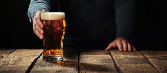 Aufkleber - A man s hand holding a beer glass above a wooden table. with copy space image. Place for adding text or design
