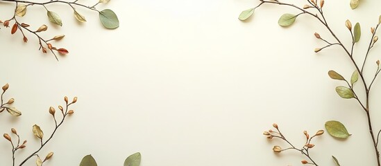 Poster - Flat lay arrangement featuring branches with green leaves and dried plants on a light backdrop. with copy space image. Place for adding text or design
