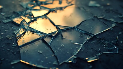 Poster - Shattered mirror reflecting multiple fragments of an image symbolizing the complex and fragmented nature of perception and reality  The distorted reflections create an abstract