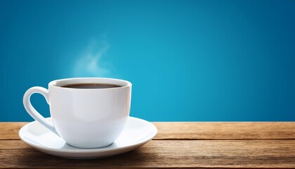 Wall Mural - cup of coffee on wooden table with blue background