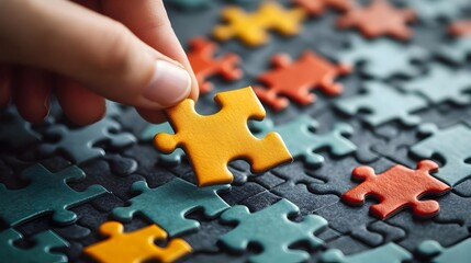 Poster - Jigsaw puzzle with the final piece being placed symbolizing the completion of a challenge goal or task  This image represents the satisfaction pride