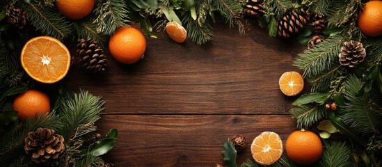 Poster - Christmas decorations feature fir branches cones and tangerines on a wooden backdrop. with copy space image. Place for adding text or design