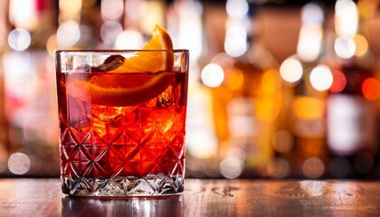 Wall Mural - negroni cocktail on bar background glass of alcoholic drink