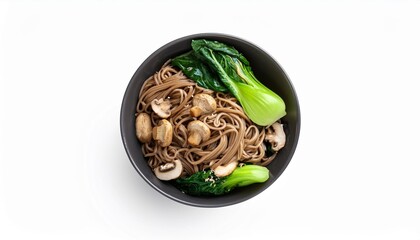 Sticker - delicious bowl of soba noodles with bok choy and mushrooms isolated on a transparent background