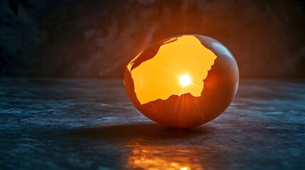 Poster - Cracked egg with light shining out from within symbolizing new beginnings fresh starts and shimmering hope for the future  A minimalist conceptual image with clean negative space and an ethereal