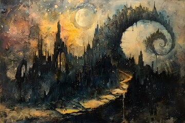 Poster - Cityscape Abstract Painting with Moon and Stars.