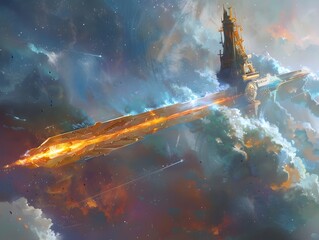 Wall Mural - Futuristic Spaceship Flying Through Clouds.