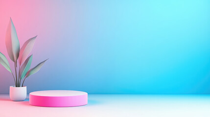 Wall Mural - modern minimalistic display, featuring a vibrant backdrop of soft pink and blue gradients, accompani