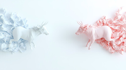 Poster - A serene composition featuring two stylized animals, one white and one pink, surrounded by flowing pastel colors. scene evokes sense of harmony and balance.