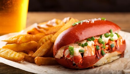 Sticker - a modern rustic photo of a lobster roll with butter scallions and mayo served with fries and a draft beer