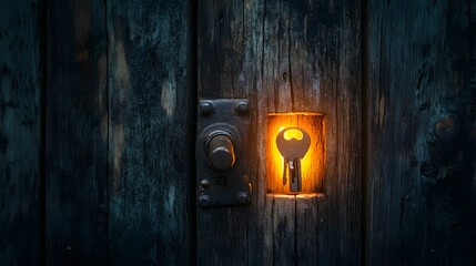 Poster - Mysterious locked door with a glowing keyhole representing secrets confidentiality and restricted access  Copy space background for conceptual or graphic design
