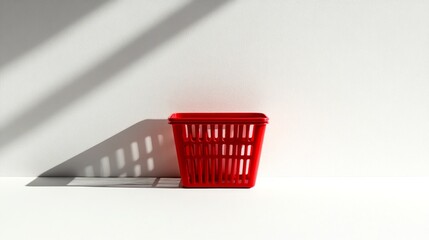 Poster - A vibrant red shopping basket stands alone against a minimalist backdrop. The clean lines and simple design create a modern aesthetic. Perfect for showcasing retail themes and contemporary style. AI