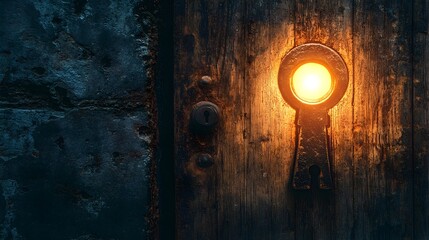 Poster - A locked door with a mesmerizing glowing keyhole representing the mysteries and secrets that lie beyond  This surreal abstract image invites the viewer to ponder the unknown and the hidden