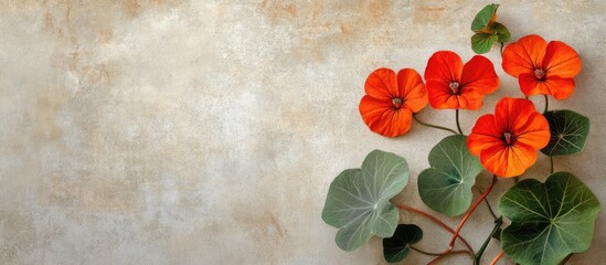 Fototapete - Square fashionable aged textured paper background featuring Tropaeolum majus the garden nasturtium. with copy space image. Place for adding text or design