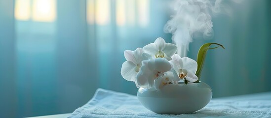 Aufkleber - Close up of an air humidifier towel and orchid flower Concept of aromatherapy wellness and health. with copy space image. Place for adding text or design