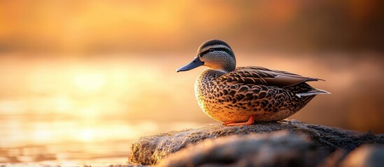Poster - A spot billed duck is resting at the shore. with copy space image. Place for adding text or design