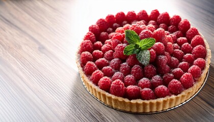 Poster - delicious raspberry tart decorated with fresh berries and mint on a wooden table