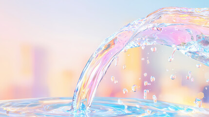 Poster - Flowing water creates serene and refreshing atmosphere, with droplets sparkling in light. soft colors in background enhance tranquil feeling.