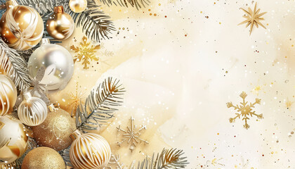 Wall Mural - A white background with a gold and silver Christmas tree with many ornaments