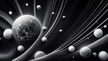 black and white spheres and lines abstract space illustration