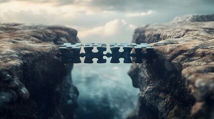 Poster - Puzzle Bridge Connecting Two Cliffs Conceptual Symbolizing the Power of to Overcome Challenges and Achieve Success