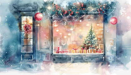 Wall Mural - A window with a Christmas tree and a red present in front of it