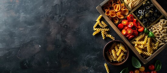 Wall Mural - Assorted pasta in a wooden box Top view flat lay featuring copy space