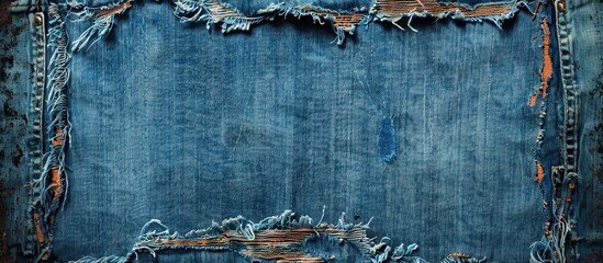 Poster - blue old denim background featuring a torn patch in the center used as a backdrop. with copy space image. Place for adding text or design
