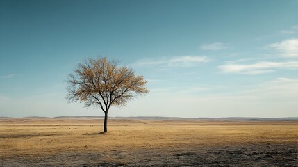 Poster - Lone solitary tree standing in a vast barren field symbolizing resilience and the tranquility of nature  The image provides ample copy space for text or design overlay
