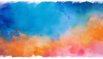 blue watercolor paint background design with colorful orange pink borders and bright center watercolor bleed and fringe with vibrant distressed grunge texture