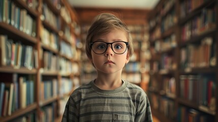 Wall Mural - A young boy wearing glasses stands in a library