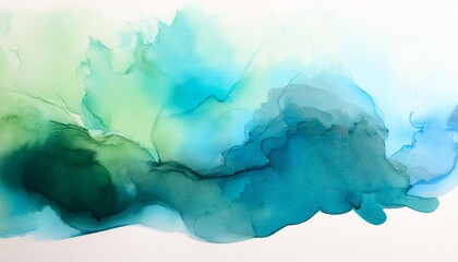 Poster - ink watercolor landscape smoke flow stain blot on wet paper texture background pastel blue green colors