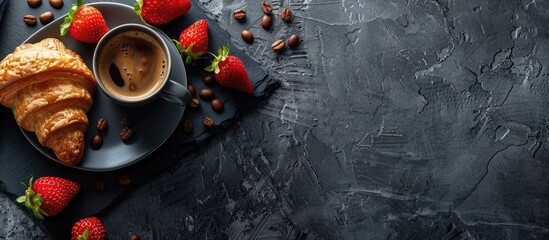 Aufkleber - Espresso coffee cup and croissant with fresh strawberries on a black slate stone board against a dark background Top view copy space