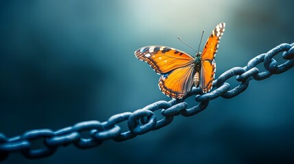 Poster - A graceful butterfly perched delicately on a metal chain symbolizing the idea of freedom tranquility and the beauty of nature  The minimalist composition provides ample copy space for various uses