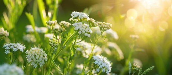 Aufkleber - Common yarrow s small white flowers are set against a green blurred floral backdrop featuring copy space A close view of the medicinal wild herb Achillea millefolium in bloom with a selective focus