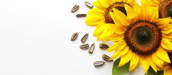 Poster - Yellow sunflowers and sunflower seeds set against a white backdrop. with copy space image. Place for adding text or design