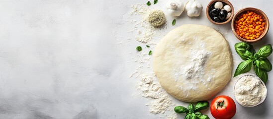Poster - Baking template featuring Italian pizza dough and fresh ingredients Top view copy space