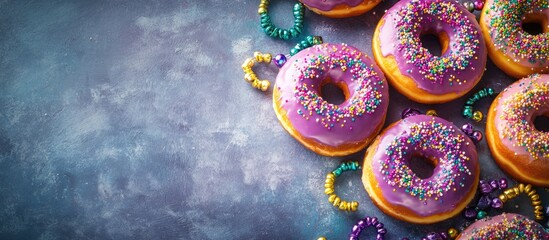 Mardi Gras carnival doughnuts and beads festive celebration baking bird s eye view. with copy space image. Place for adding text or design