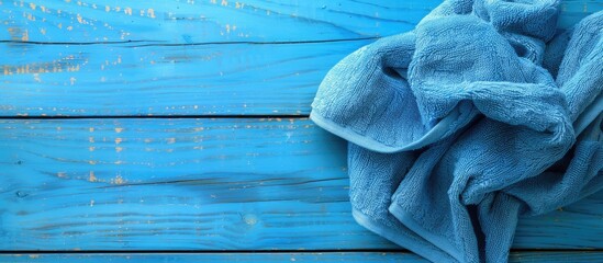 Aufkleber - Blue towel viewed from above on a wooden blue surface close up with copy space Soft blue napkin in close up