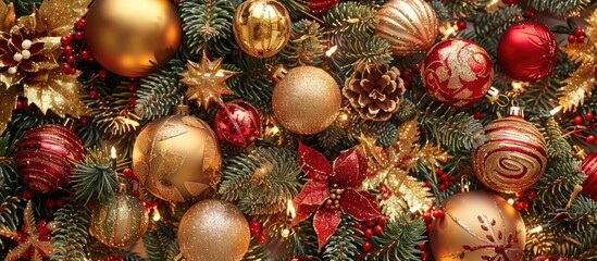 Aufkleber - Christmas tree adorned with gold ball ornaments and light bulbs. with copy space image. Place for adding text or design