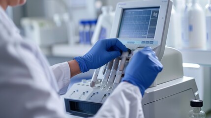 Poster - Close-up view of a researcher's hands controlling a PCR machine, focusing on the machine's display and control systems.