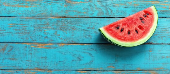 Fototapete - Summer watermelon is sliced in half against a blue rustic wood background Copy space for designers