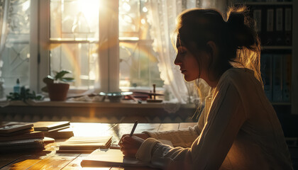 Wall Mural - A woman is sitting at a desk with a book and a pen